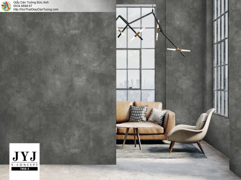 Giấy dán tường V-concept 7958-3, giấy dán tường dạng xi măng bê tông hiện đại màu đen, màu xám tối 