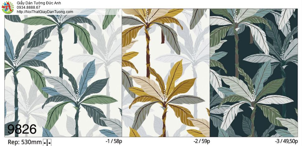 The View 9826-1, giấy dán tường hình cây lá màu xám xanh kiểu rừng nhiệt đới