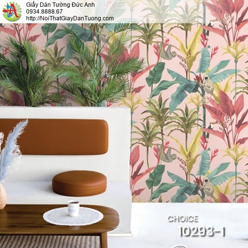Choice 10293-1, giấy dán tường rừng nhiệt đới nhiều cây chuối, cây xương xỉ nhiều màu sắc màu hồng