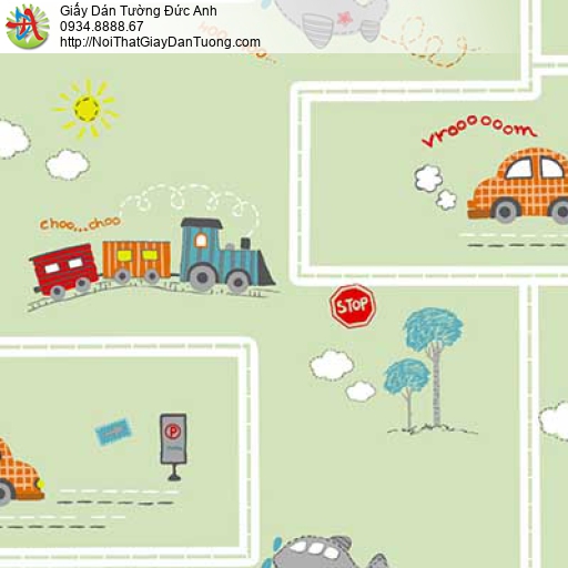 Galaxy 7828-1, giấy dán tường trẻ em hình ô tô giao thông màu xanh, giấy dán tường cho bé trai 