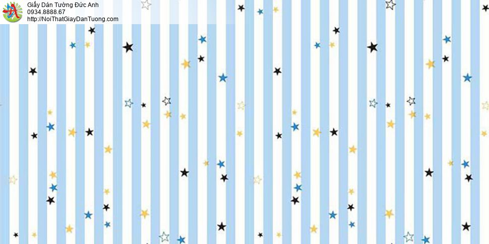 The One 6834-2, giấy dán tường hình sọc xanh trắng điểm các ngôi sao nhiều màu sắc cho phòng ngủ bé trai