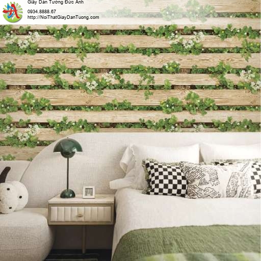 Giấy dán tường giả vách gỗ hàng rào dây hoa leo 87020-2