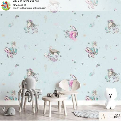Giấy dán tường trẻ em, giấy dán tường màu xanh dễ thương cho bé gái - Albany 6860-1