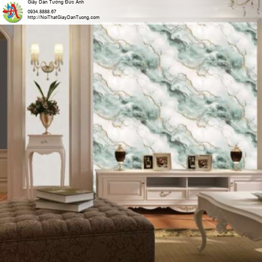 Giấy dán tường điểm nhấn phòng khách, giả vân đá marble màu xanh trắng - LUX003