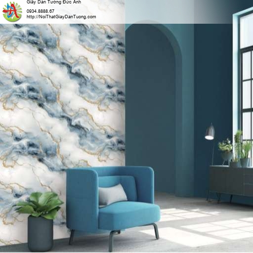 Giấy dán tường điểm nhấn phòng ngủ, giả vân đá marble trắng xanh - LUX004